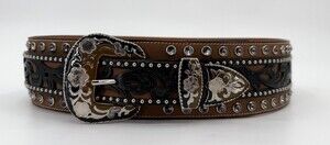 3D Belt Company Western Waist Belt 32 Tooled Leather Rhinestone Buckle